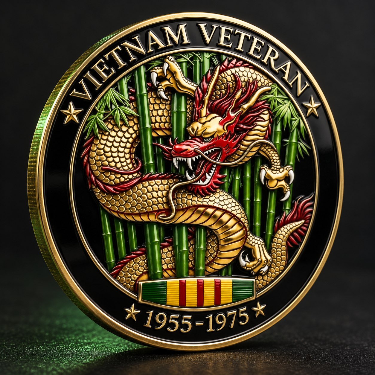 Angled close-up of the gold-tone rim lettering dragon scales and bamboo