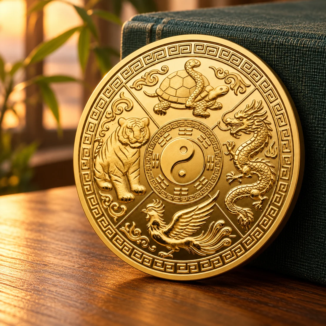 Gold-tone reverse with yin-yang center, tiger, dragon, bird and tortoise-serpent motifs