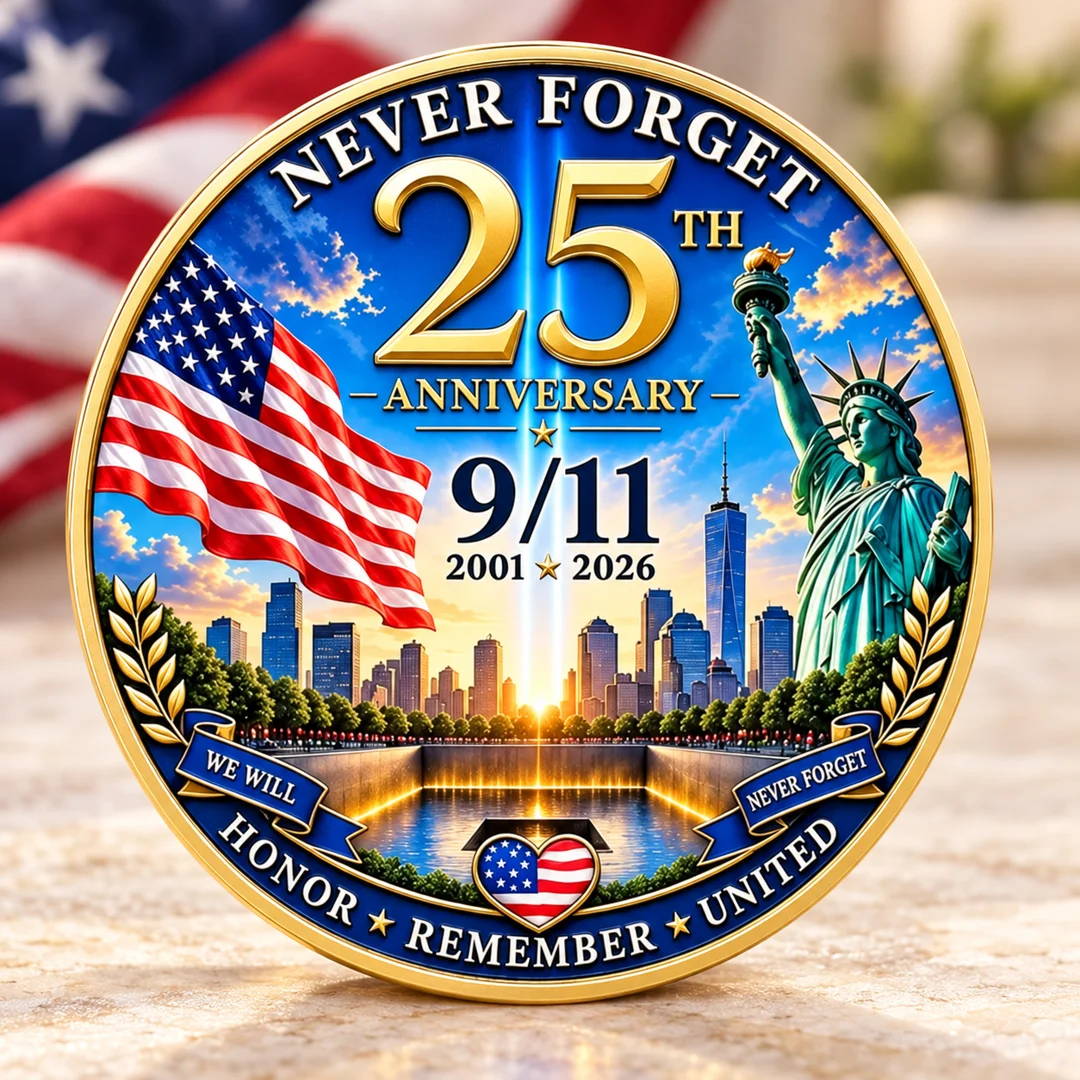 Daylight design with blue sky, American flag, Statue of Liberty and memorial pool