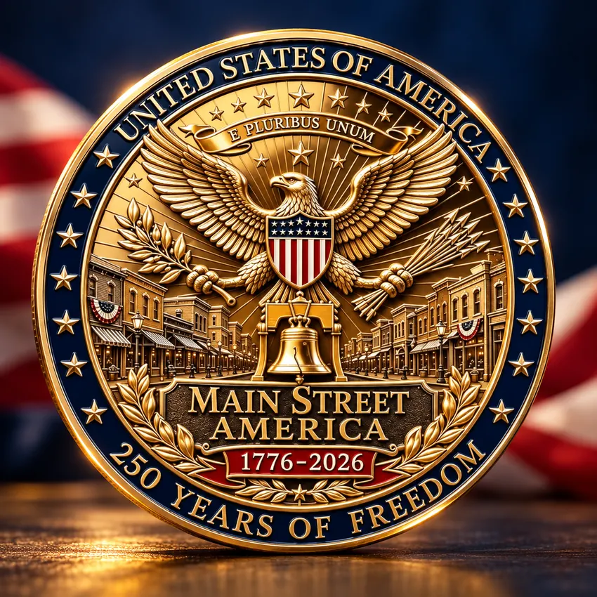 Gold-tone eagle Liberty Bell E Pluribus Unum side of the American 250th anniversary coin