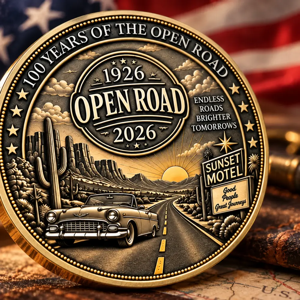 Open Road side with classic car desert highway and roadside motel artwork