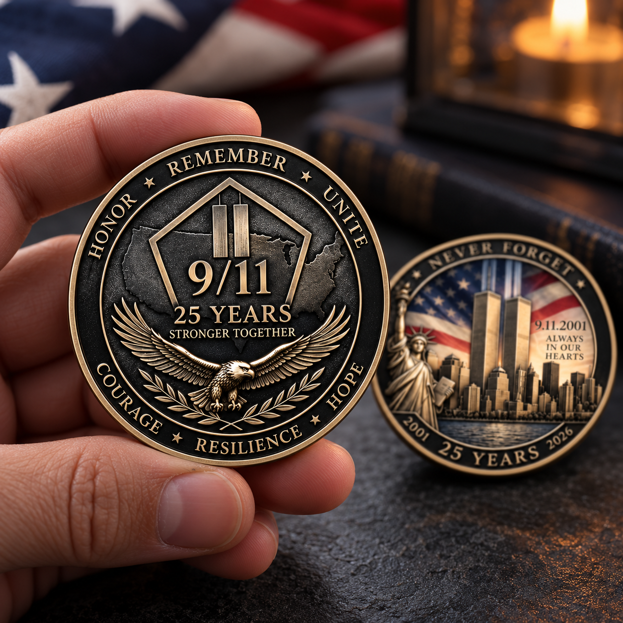 Handheld view of the 9/11 memorial challenge coin