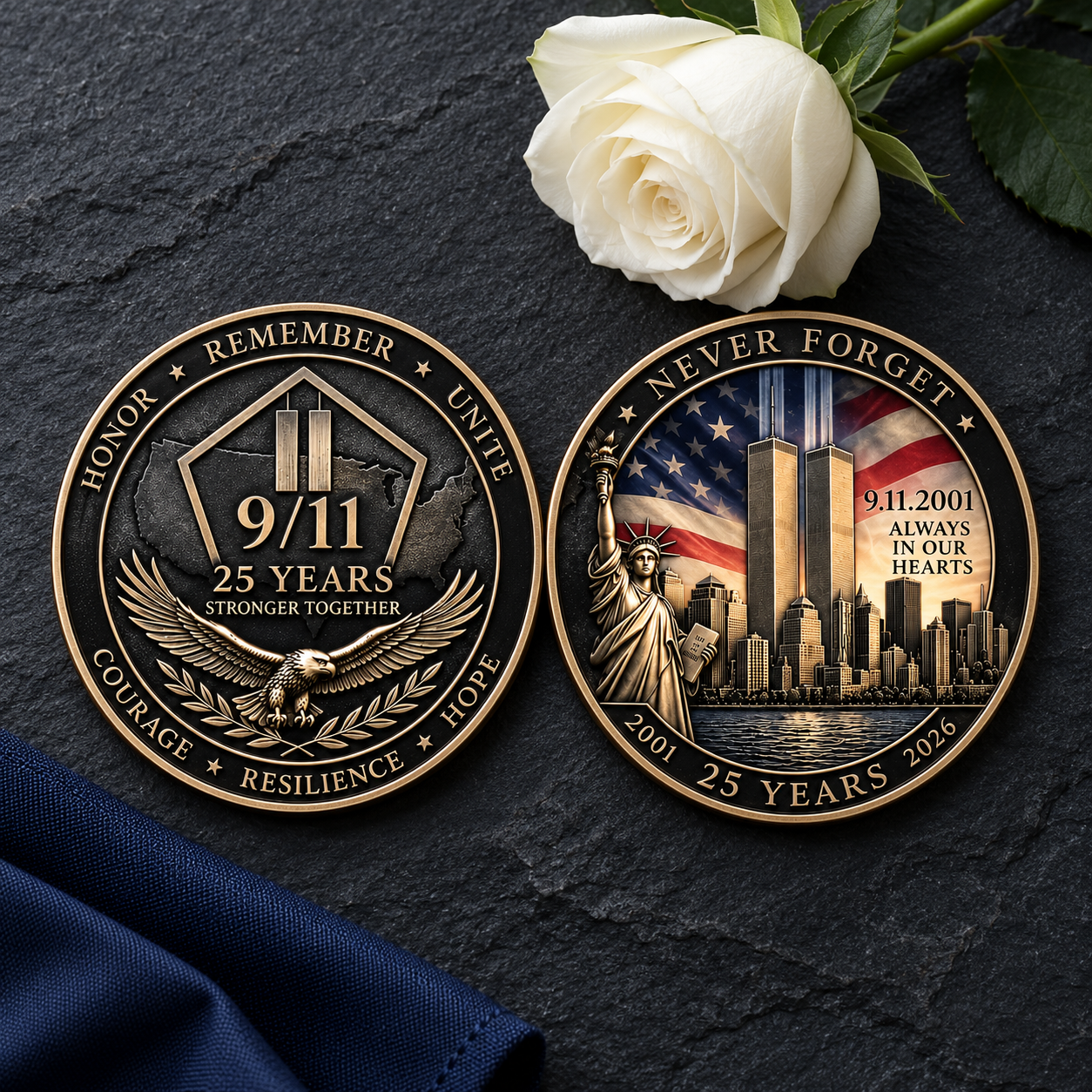 9/11 memorial coin tribute scene with white rose
