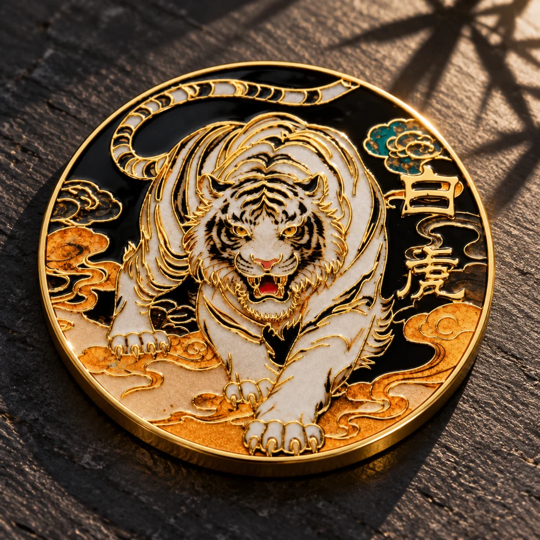 Angled detail of the White Tiger coin showing patterned surface and gold-tone rim