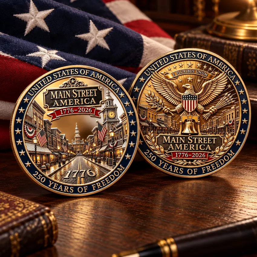 Front and reverse sides of Main Street America coin displayed with a folded American flag and vintage journal