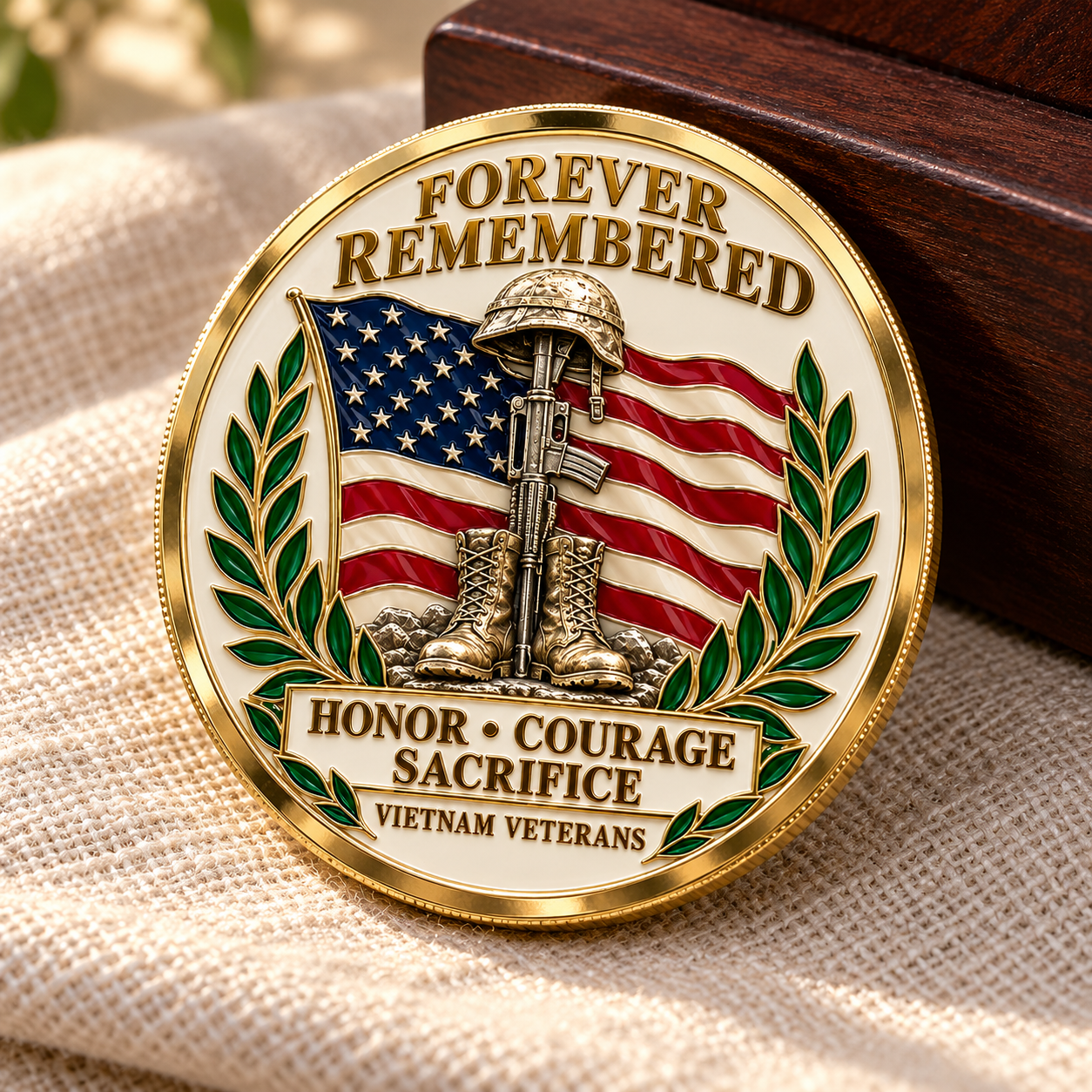 Forever Remembered medallion displayed on fabric beside a wooden box