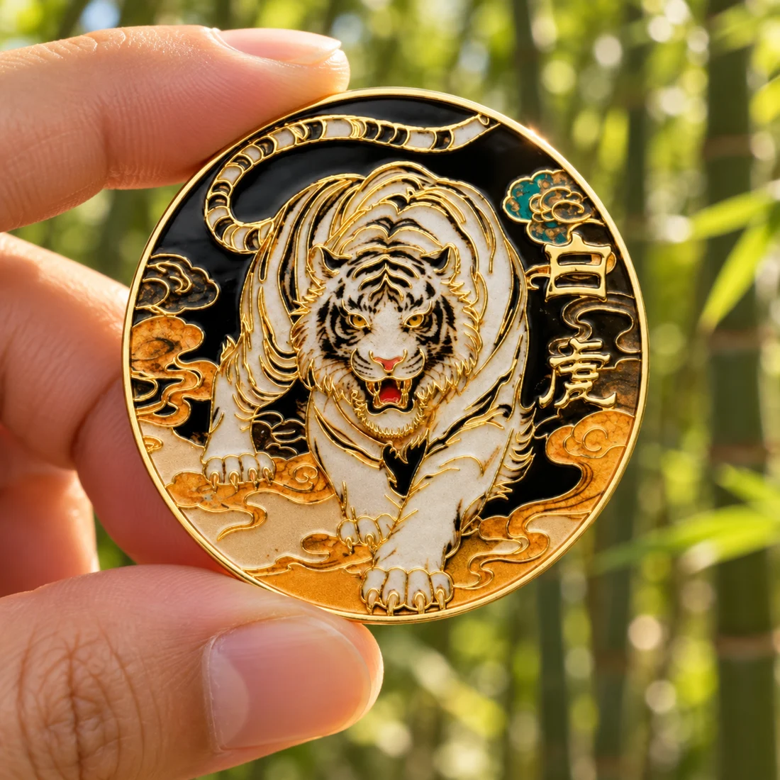 White Tiger collectible coin held between fingers in a bamboo setting