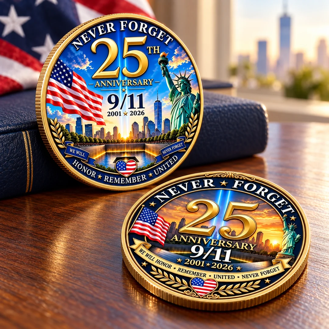 Both commemorative designs arranged on a wooden desk