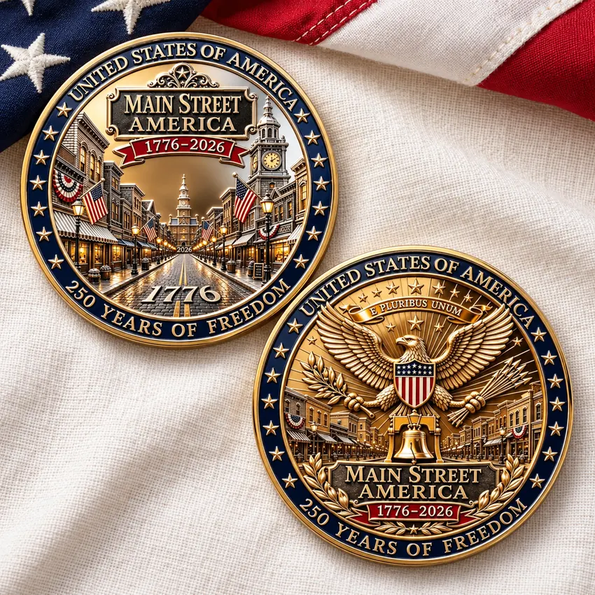 Both faces of the America 250 Main Street collectible coin arranged on stars and stripes fabric