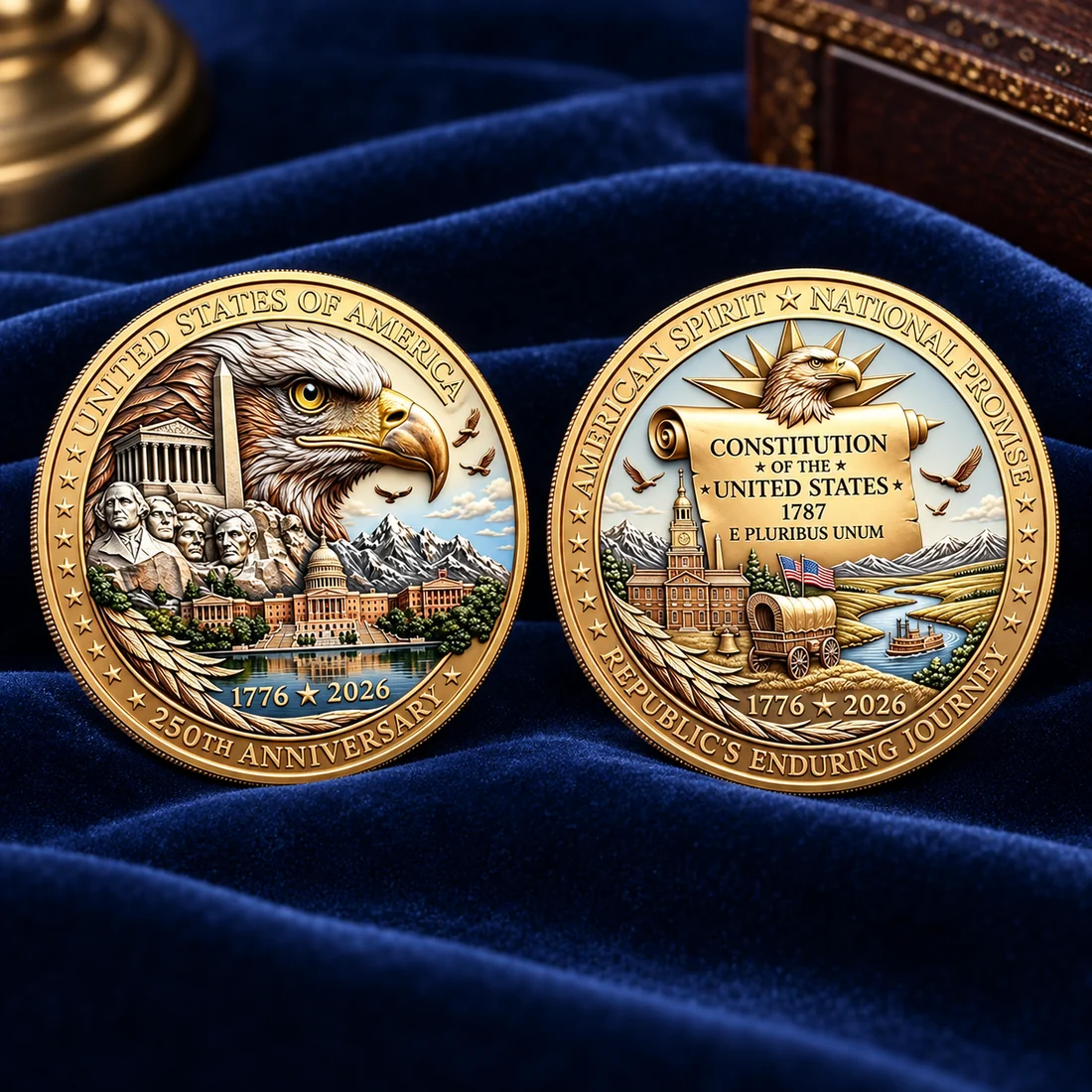 Front and reverse displayed on blue velvet