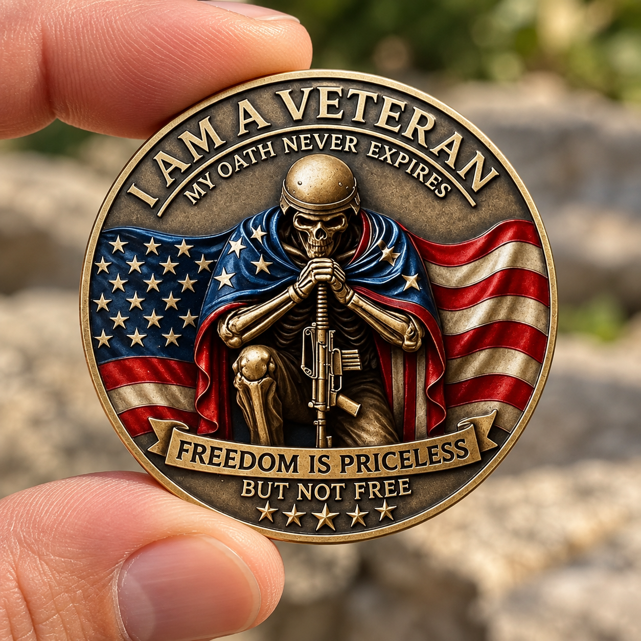 Veteran coin held between fingertips