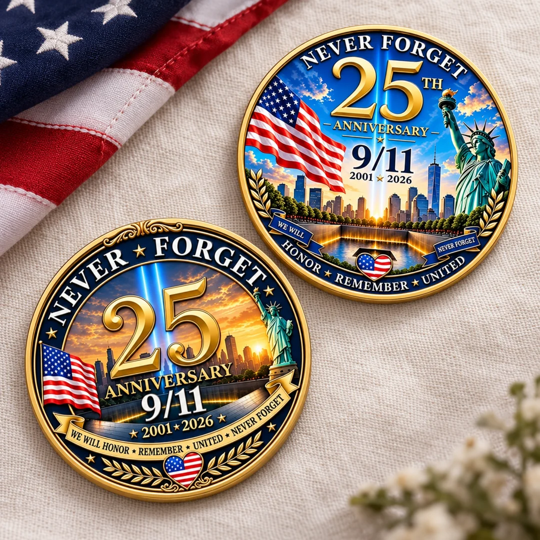 Both commemorative designs resting beside an American flag