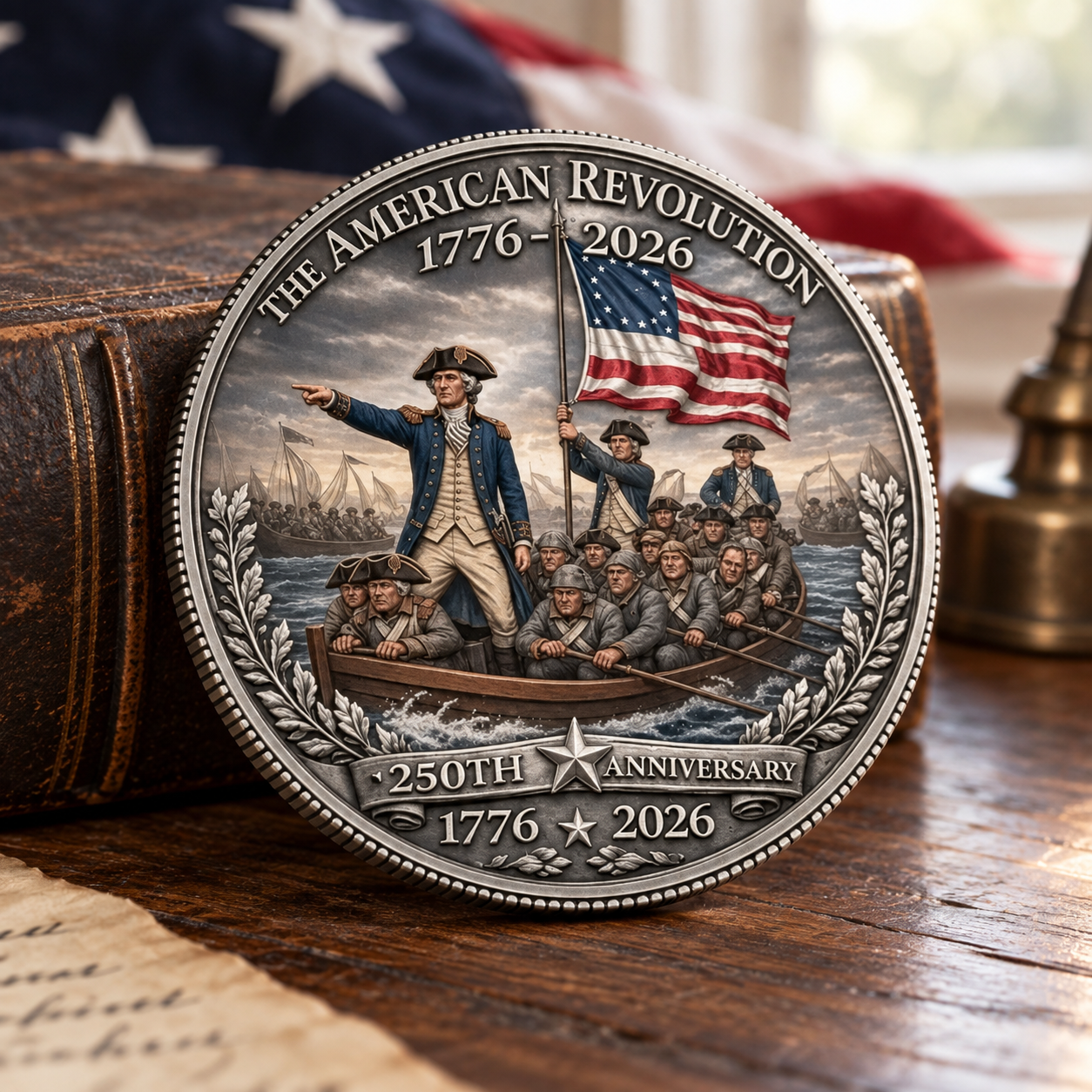 American Revolution anniversary coin beside an antique book and flag