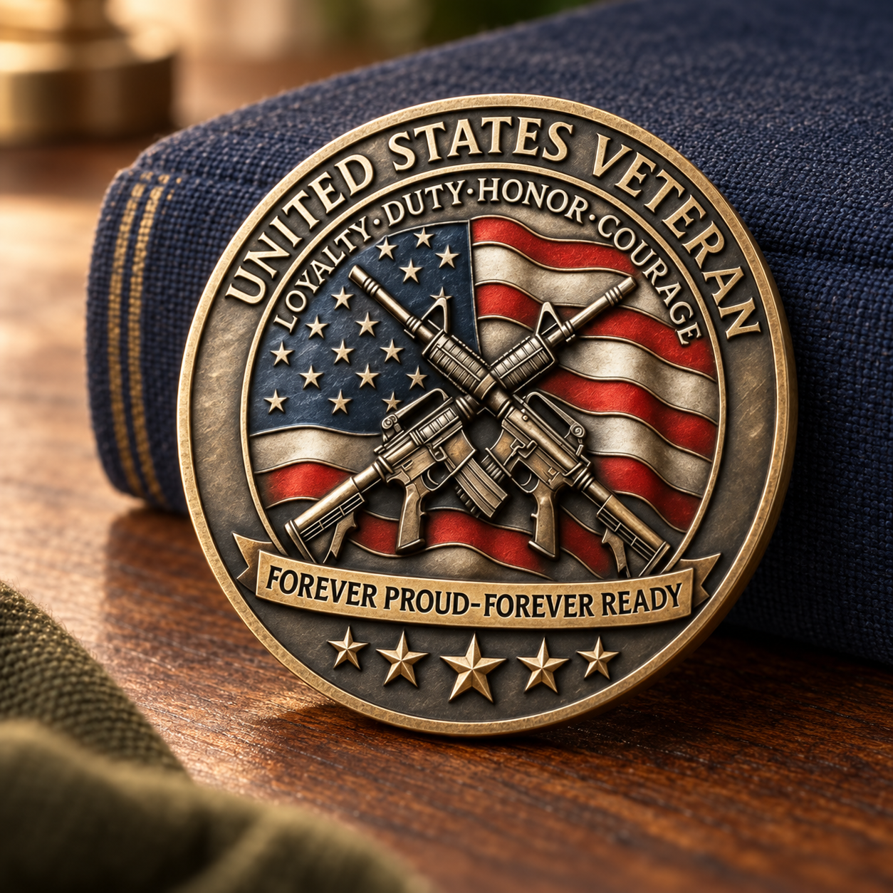 Reverse of coin displayed against blue fabric