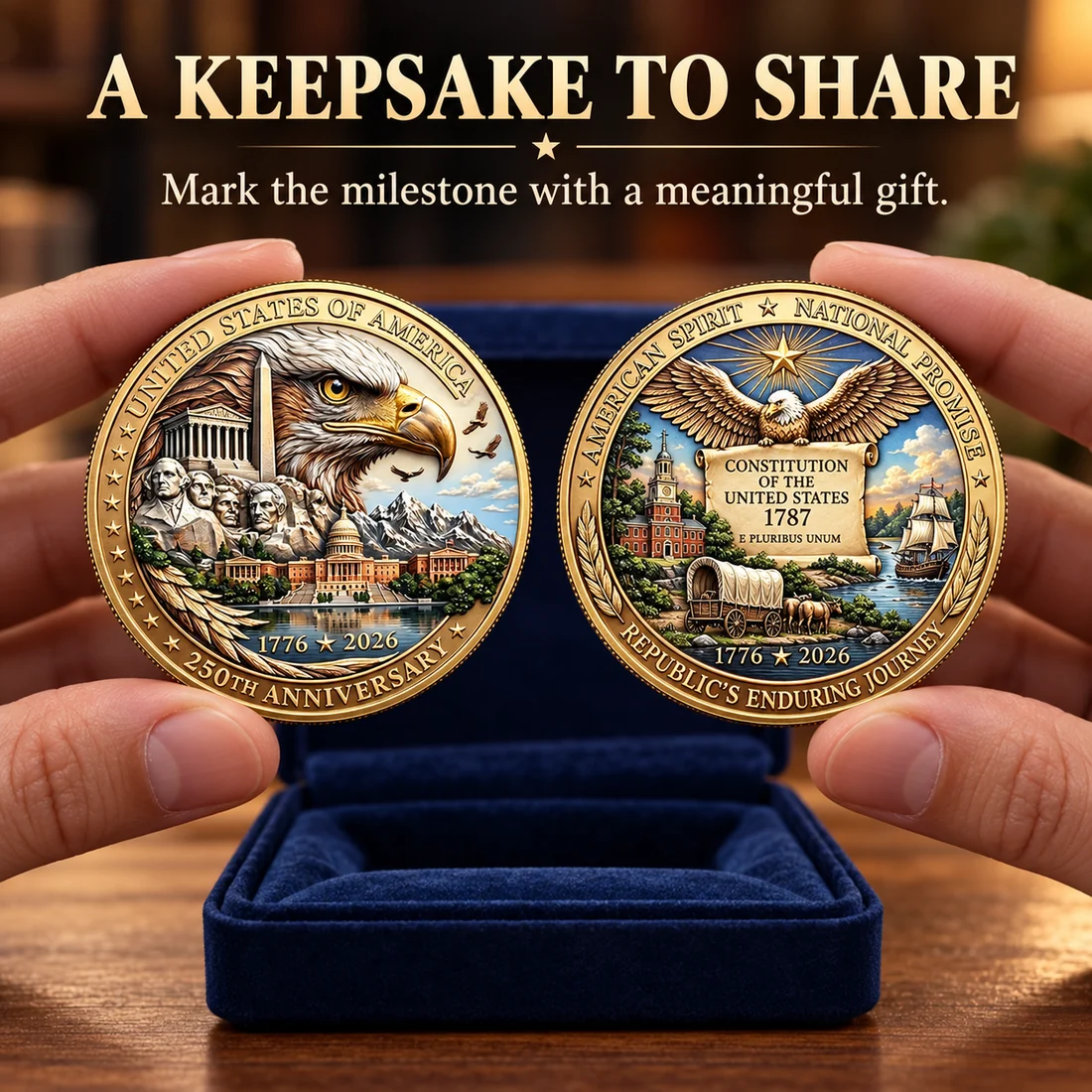 Two sides of America 250 coin held above velvet presentation box