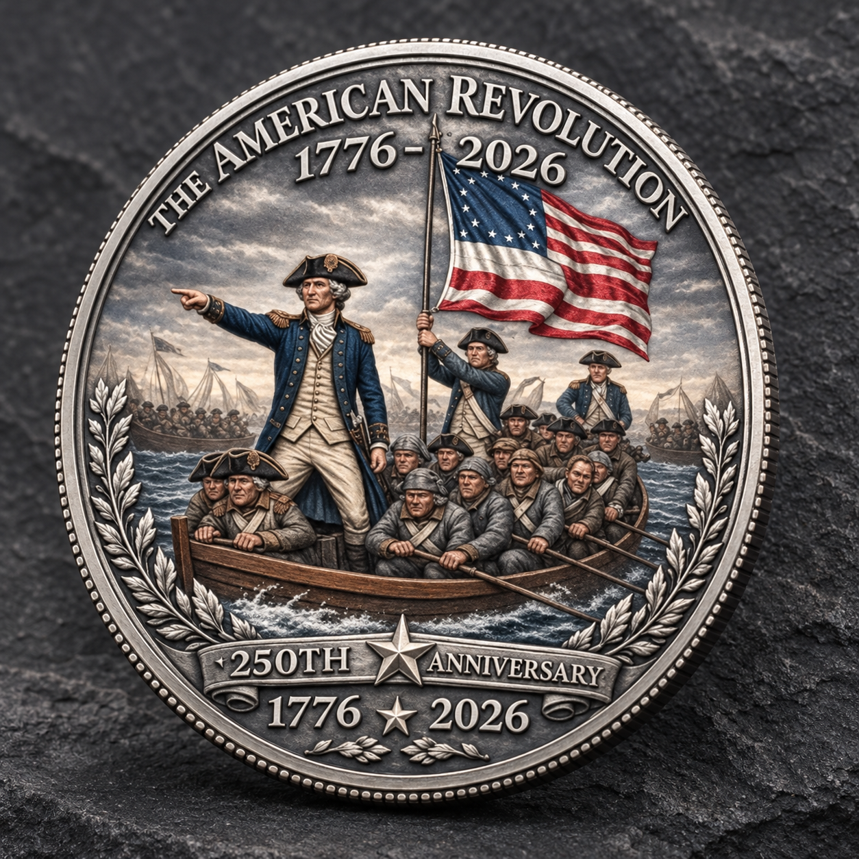 Revolutionary river-crossing design with 1776&ndash;2026 inscription