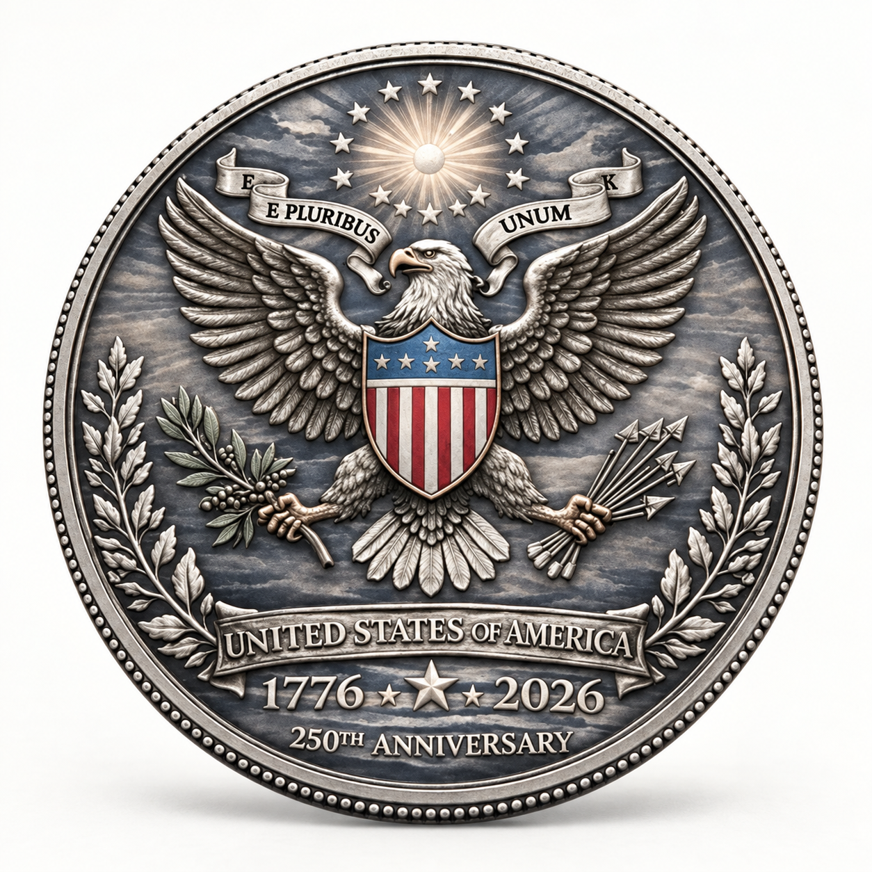 Eagle design with shield, olive branch and arrows