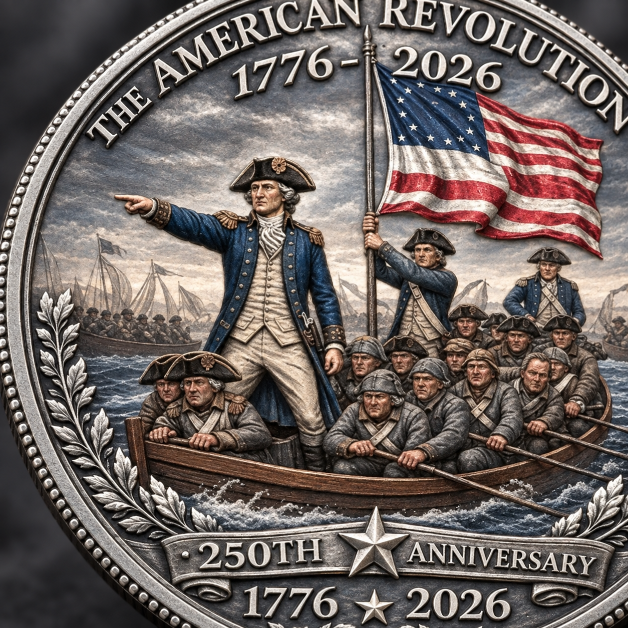 Close-up of the river-crossing artwork and anniversary lettering