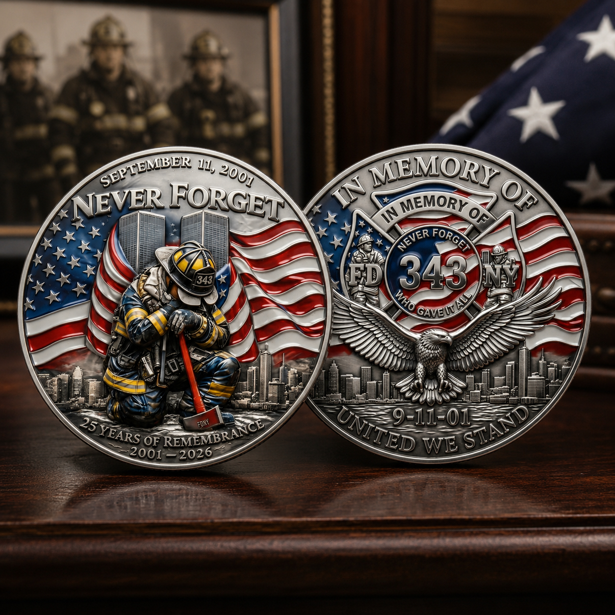 9/11 Never Forget Firefighter Memorial Coin – 25th Anniversary Tribute