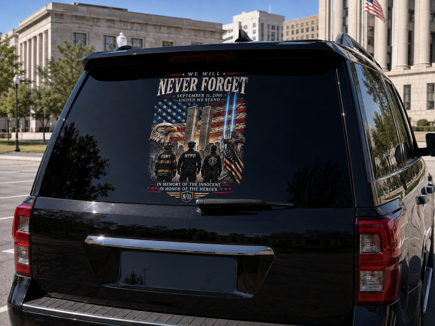 9/11 Never Forget Memorial Rear Window Decal – FDNY, NYPD & First Responders Tribute