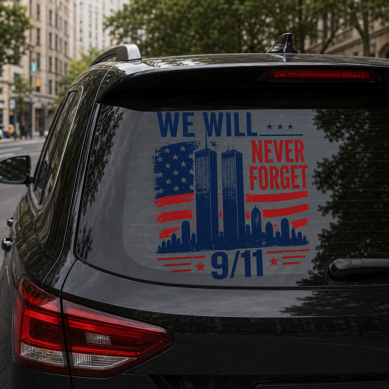 9/11 Memorial Car Window Decal – We Will Never Forget Tribute Sticker