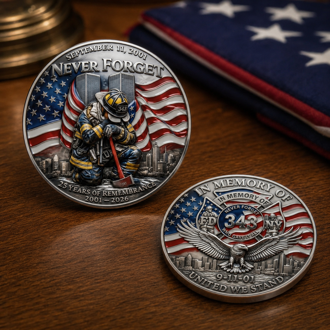 9/11 Never Forget Firefighter Memorial Coin – 25th Anniversary Tribute