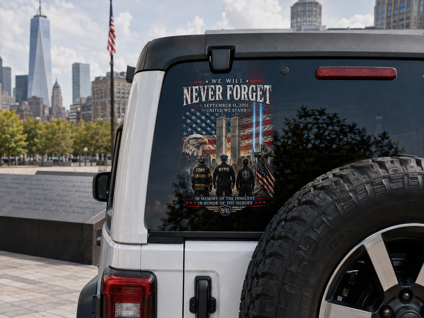 9/11 Never Forget Memorial Rear Window Decal – FDNY, NYPD & First Responders Tribute
