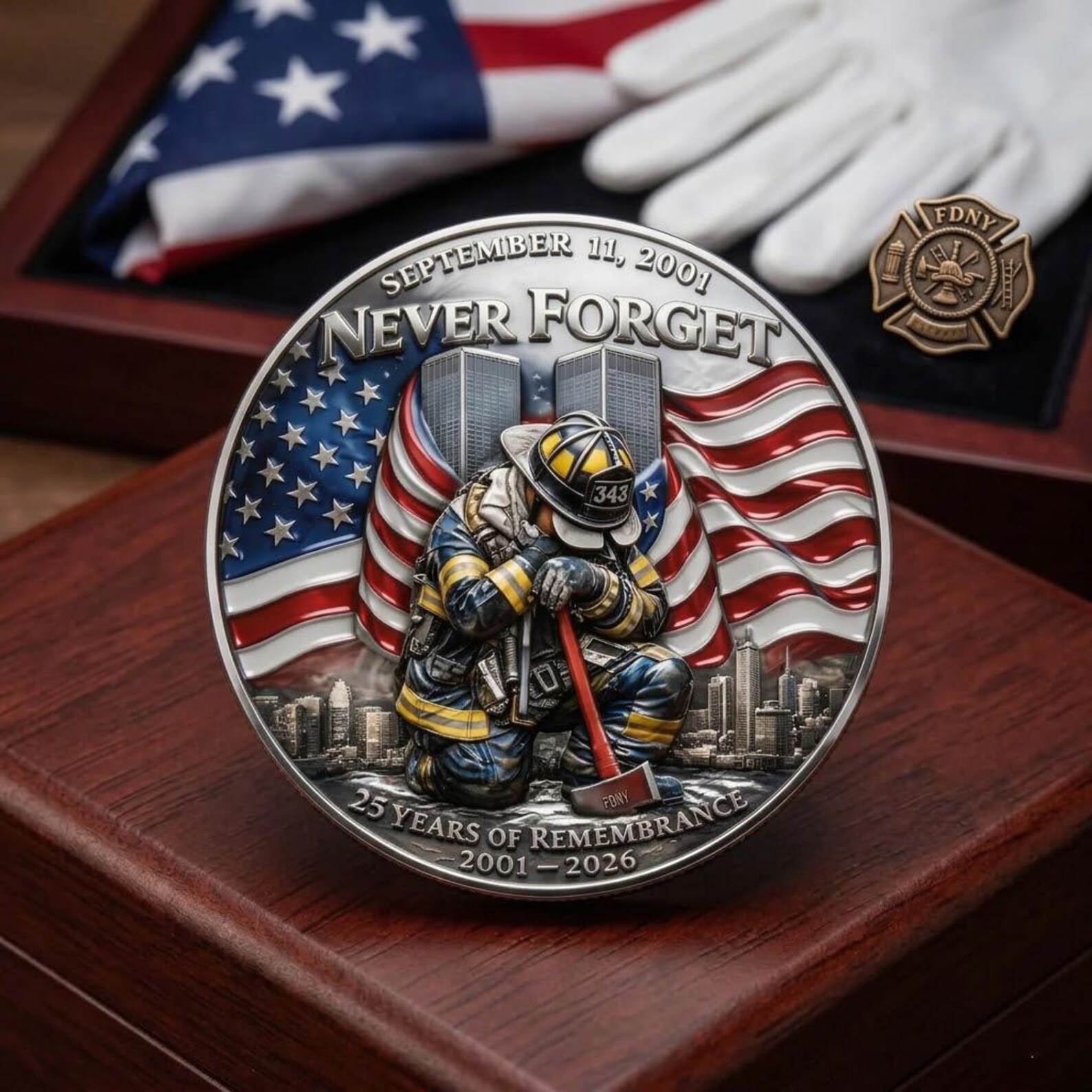 9/11 Never Forget Firefighter Memorial Coin – 25th Anniversary Tribute