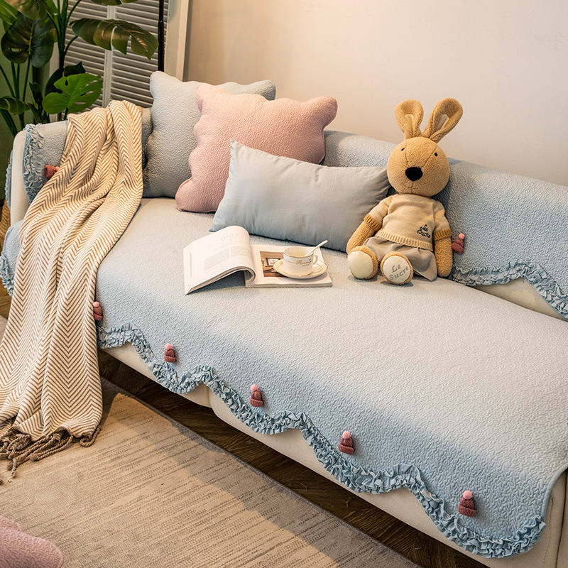 Light Colour Cotton Lace Trim Sofa Cover with Knitted Hat