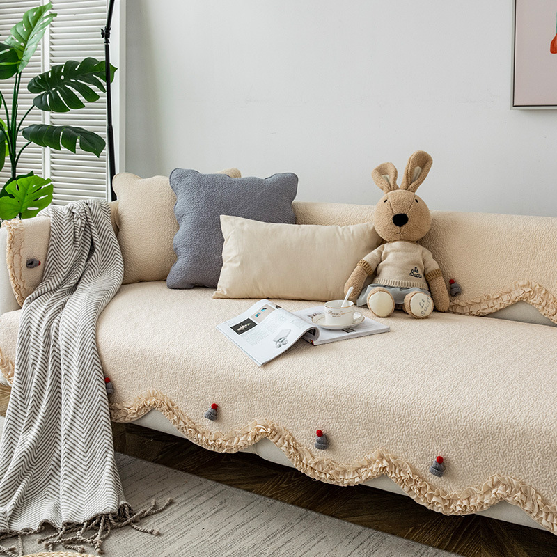Light Colour Cotton Lace Trim Sofa Cover with Knitted Hat