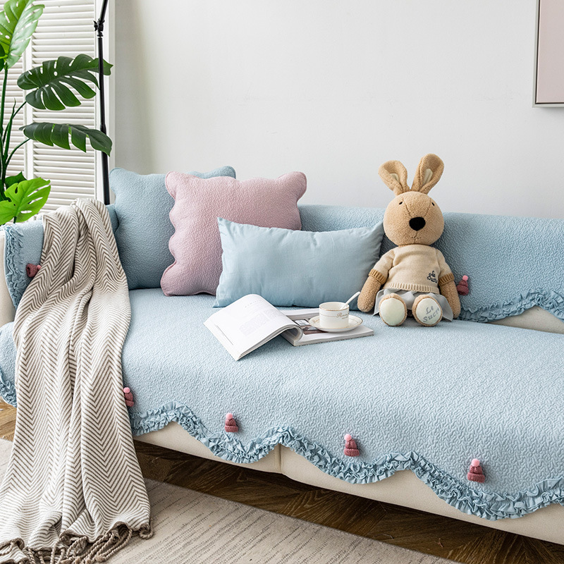 Light Colour Cotton Lace Trim Sofa Cover with Knitted Hat