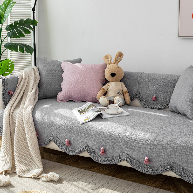 Light Colour Cotton Lace Trim Sofa Cover with Knitted Hat