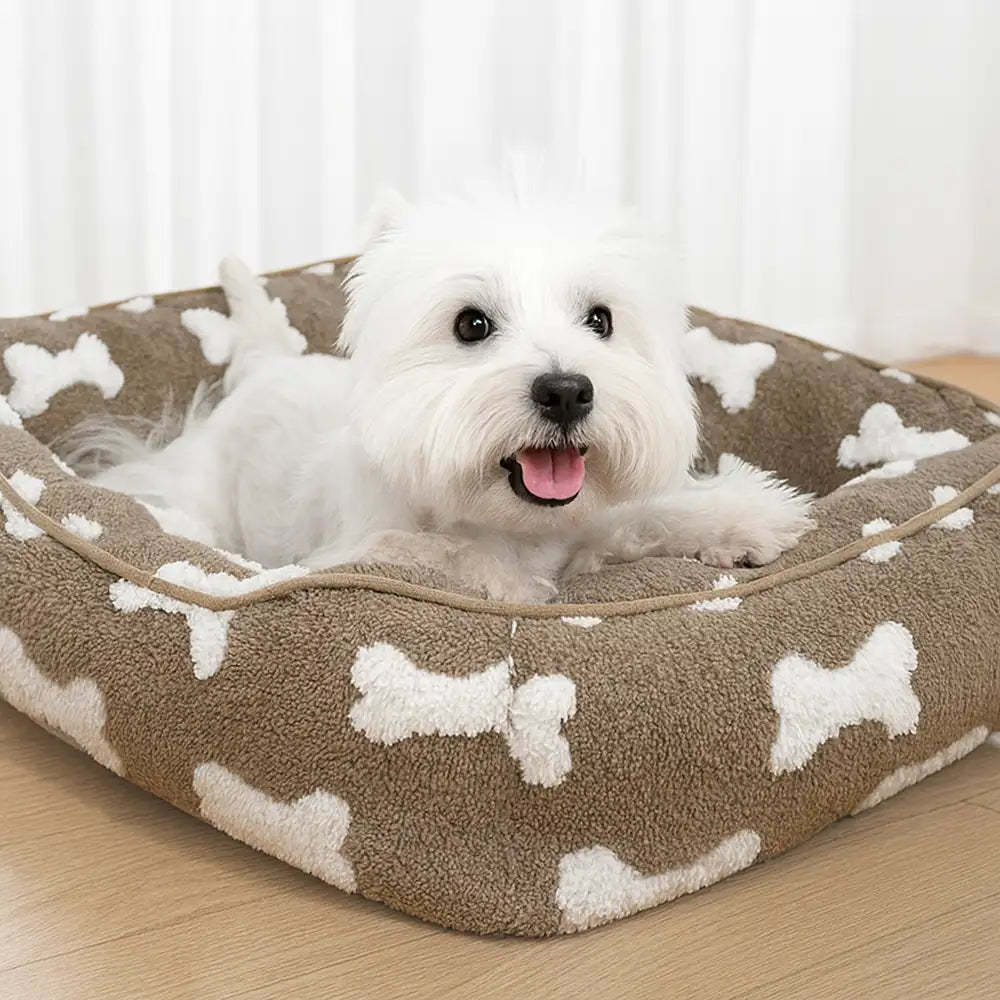 Plush Bone Pattern Square Deep Sleep Dog Bed