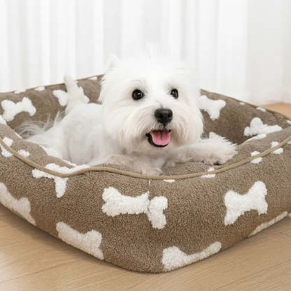 Plush Bone Pattern Square Deep Sleep Dog Bed