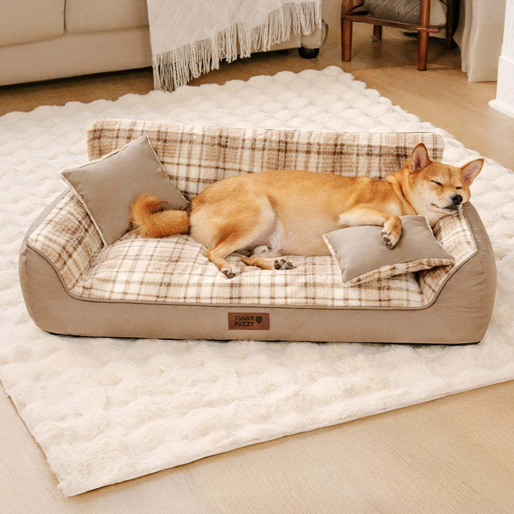 Vintage Plaid Plush Orthopaedic Dog Sofa Bed with Pillows - CosyLuxe