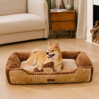 Vintage Colour-Block Flannel Removable Bolster Dog Bed with Pillow– CosyRest