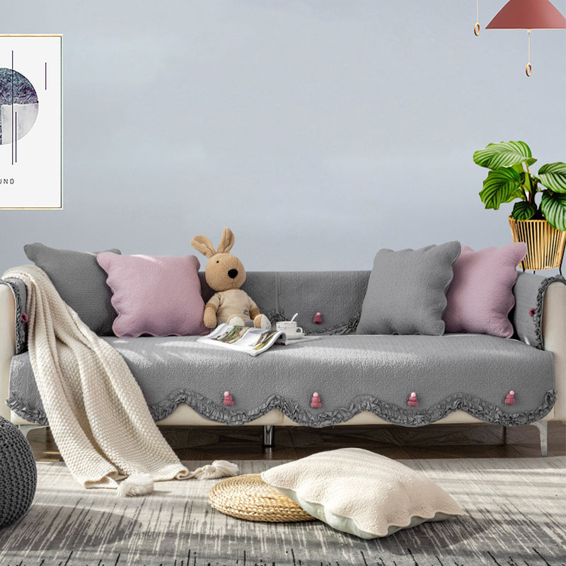Light Colour Cotton Lace Trim Sofa Cover with Knitted Hat