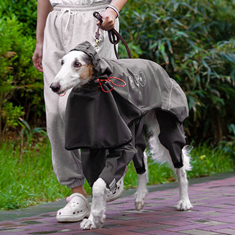 Outdoor Waterproof four-legged Dog Raincoat with Reflective Pattern Hoodie