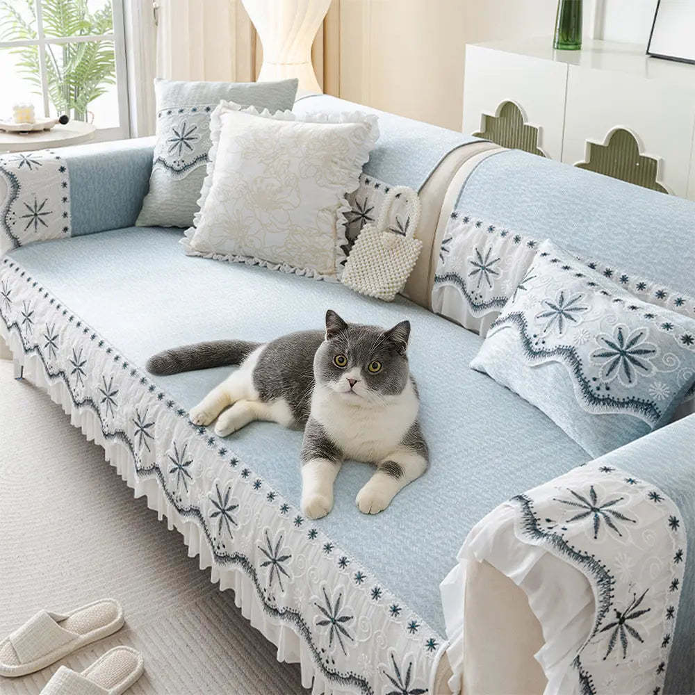 Embroidered Lace Fresh Non-Slip Sofa Cover with Ruffled Trim