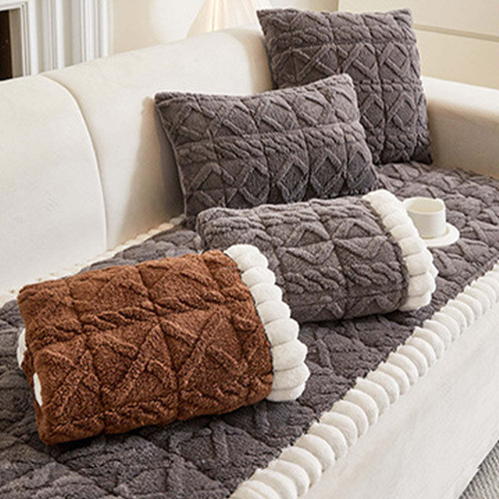 Soft Plush Plaid Square Furniture Protector Anti-Slip Sofa Cover