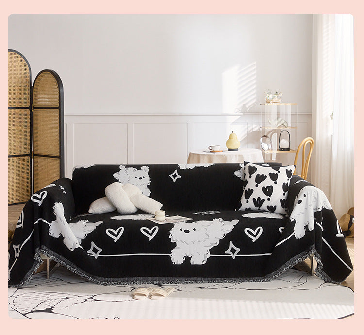 Cute Hand-Drawn Cat Pattern Reversible Chenille Throw Sofa Cover