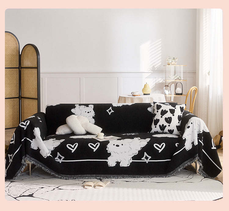 Cute Hand-Drawn Cat Pattern Reversible Chenille Throw Sofa Cover