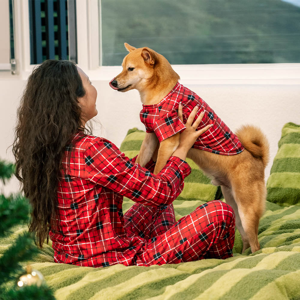 Red Chequered Full Body Skin Friendly Matching Pyjamas for Dog and Owner