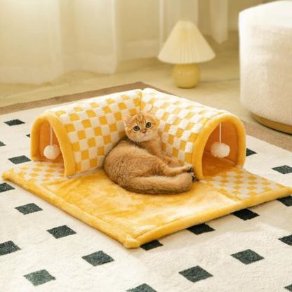 2-in-1 Funny Plush Plaid Cat Tunnel Cat Bed