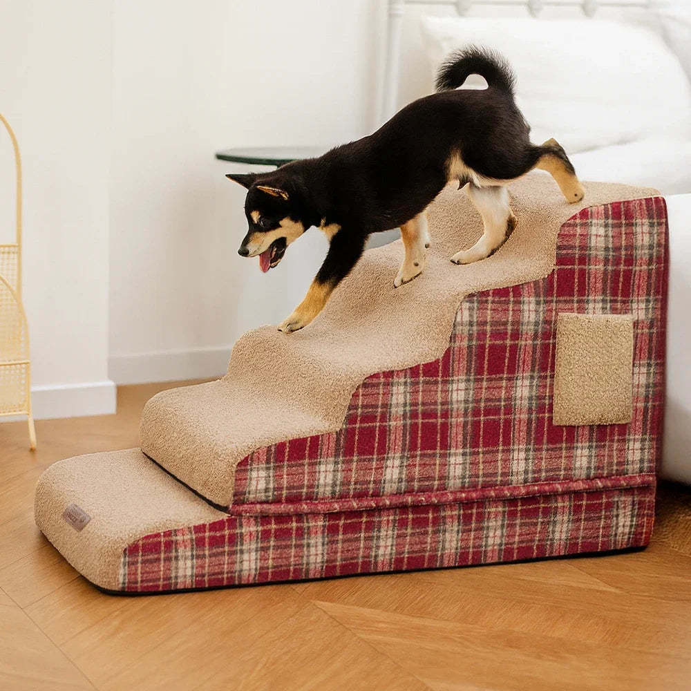 Plush Plaid High-Density Sponge Removable Pet Ramp Steps - ComfyClimb