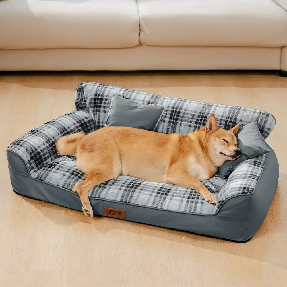 Vintage Plaid Plush Orthopaedic Dog Sofa Bed with Pillows - CosyLuxe