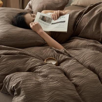 Wavy Jacquard Percale Cotton Duvet Cover Bed Sheet Set