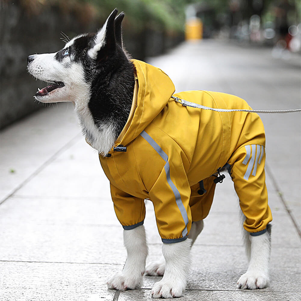 Stylish Waterproof Adjustable Reflective Strip Dog Raincoat with Hood - FUNNYFUZZY