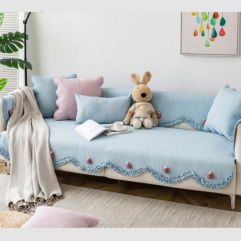 Light Colour Cotton Lace Trim Sofa Cover with Knitted Hat