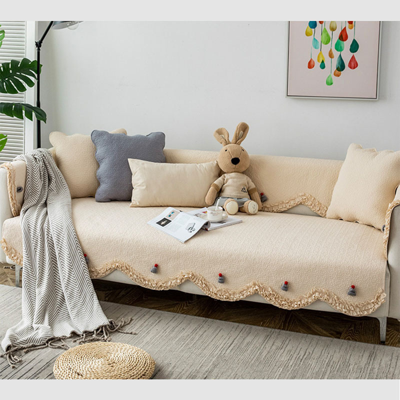 Light Colour Cotton Lace Trim Sofa Cover with Knitted Hat